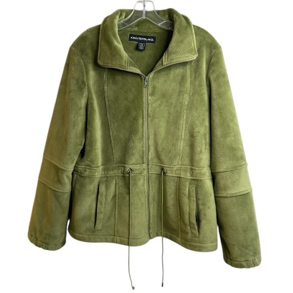 Vintage Kristen Blake GreenTeddy Fleece Zip-Up Jacket Drawstring Waist Size L - Picture 1 of 15